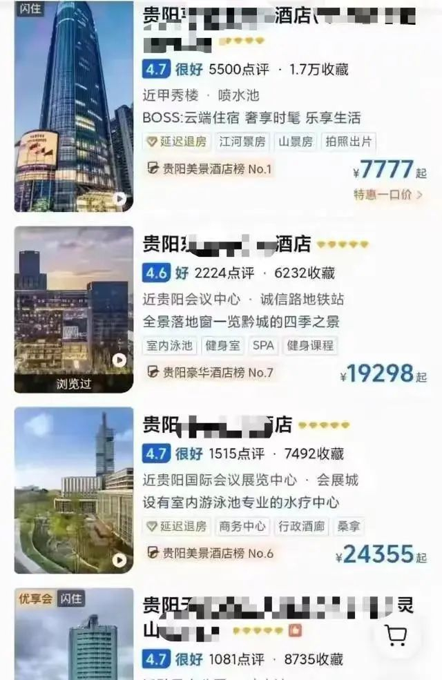 网友提供的贵州贵阳部分酒店价格情况。