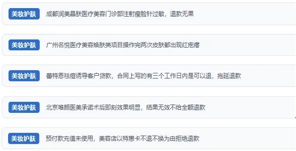 网民涉及医美机构虚假宣传、诱导消费、致伤客户、违约不退费等消费侵权的相关投诉。（“人民投诉”用户投诉截图）