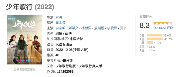 2022年首播的《少年歌行》，豆瓣评分高达8.3