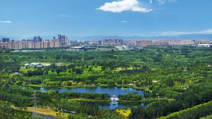 从绿心森林公园远眺，三大文化地标与副中心城区。图源：北京日报