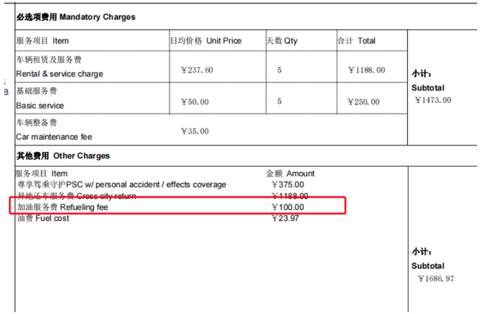 赵女士在神州租车支付的费用明细。