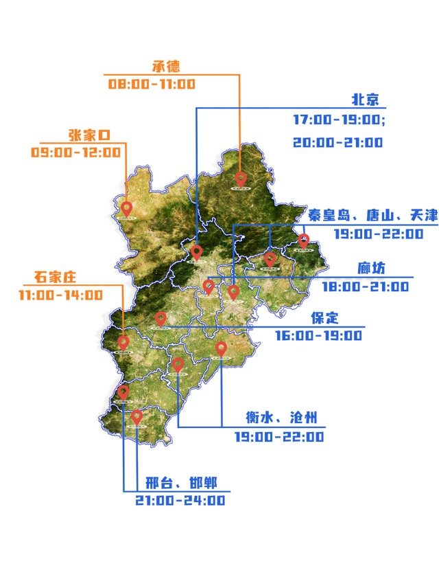 图为2005年至2023年，7月、8月京津冀地区各城市降水多发时段示意图