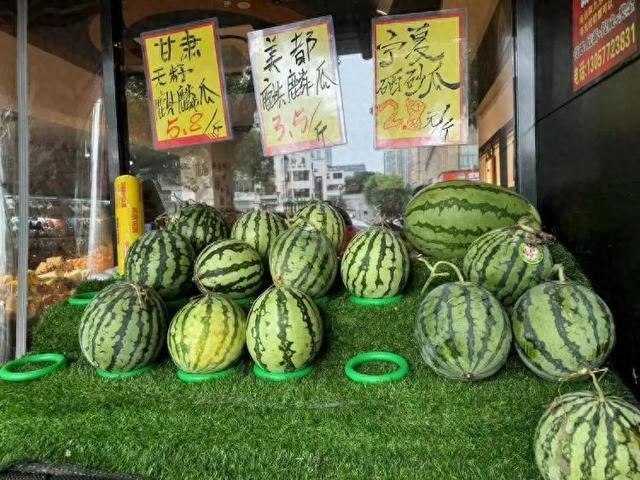 壹家鲜果店出售三种西瓜，最贵的是5.8元/斤的甘肃无籽麒麟瓜。陈佳 摄。图片来源：温度新闻