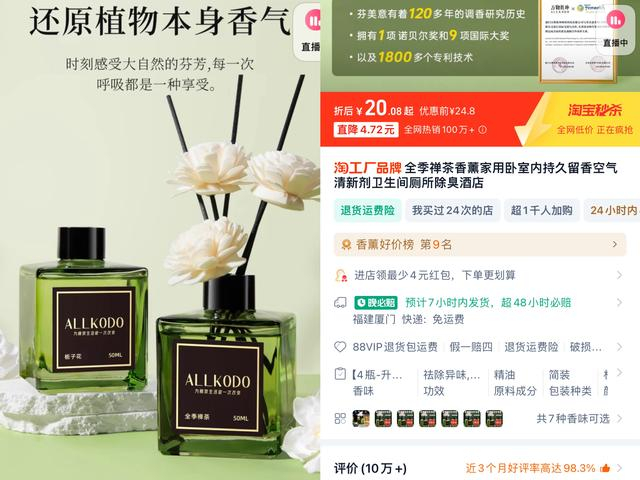 图说：淘工厂大牌平替香薰，全网热销100万+，好评率98.3%。