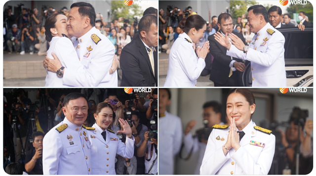 仪式举行前，佩通坦拥抱父亲他信。图源：泰国“Thai PBS World”新闻网X账号