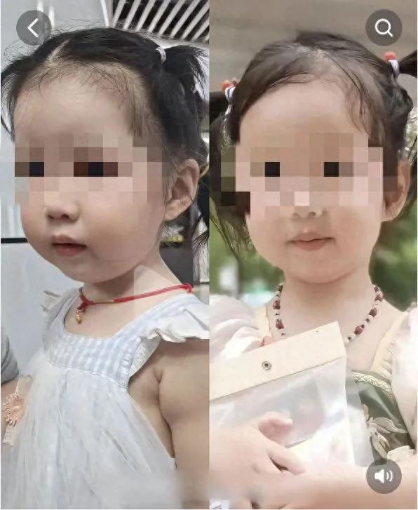 两个孩子的对比照，左图为地铁站被捡到的女孩，右图是王女士的女儿。图源：华商报