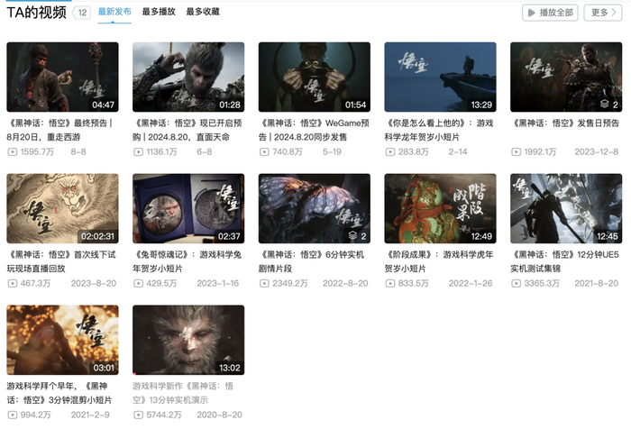 《黑神话：悟空》视频在B站播放量