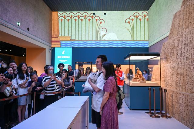 2024年7月27日，上博人民广场馆，观众抱着猫在“萨卡拉的秘密”展厅猫神庙区域拍照。澎湃新闻记者 朱伟辉 图