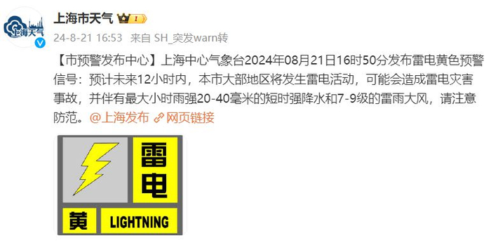 雷电 大风!上海中心气象台发布"一黄一蓝"预警