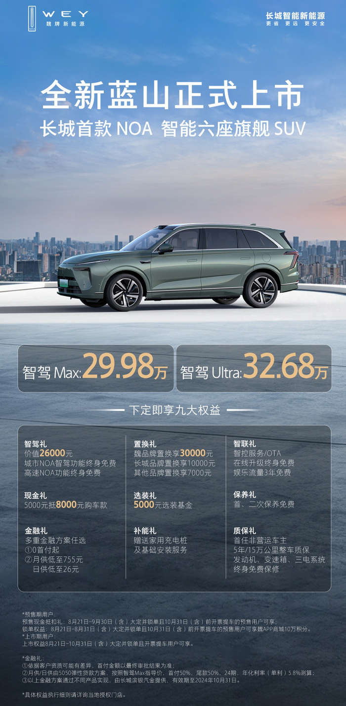长城魏牌全新蓝山 6 座旗舰 suv 发布,售 29.98 万 / 32.68 万元