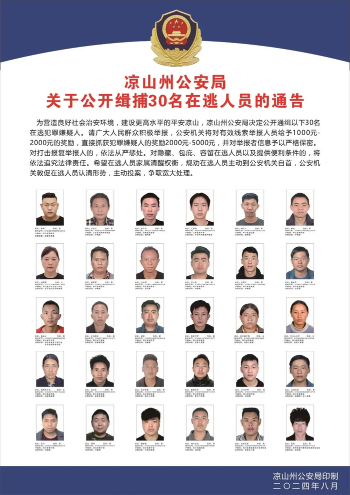 时事看点>正文>30名在逃犯罪嫌疑人名单如下:来源:凉山公安,中国警察
