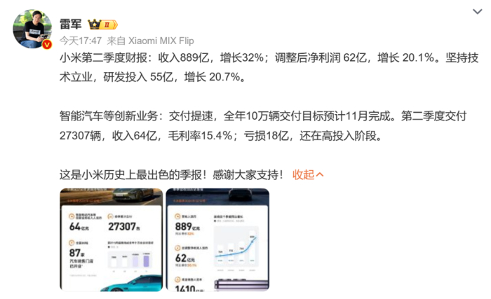 雷军称迎来小米历史上最出色的季报