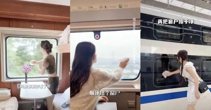 “精致女孩坐高铁”网络视频截图