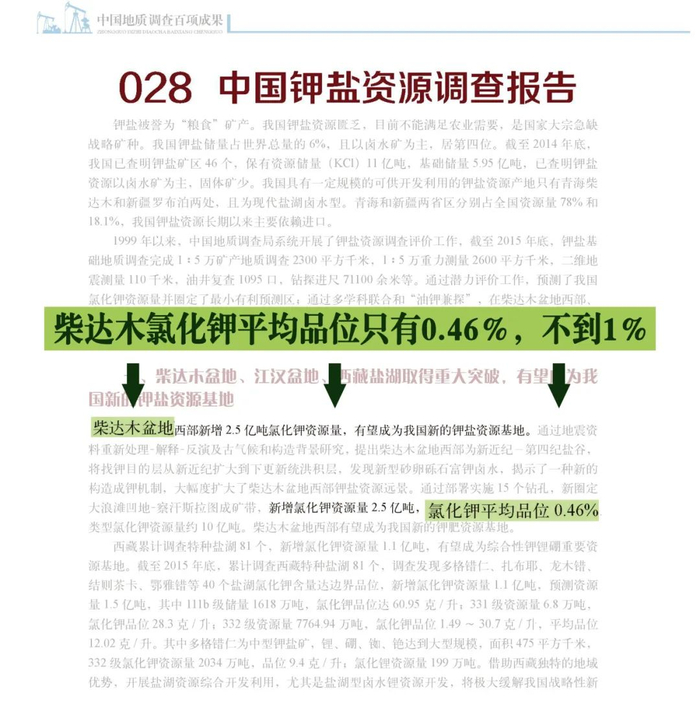 据调查报告 柴达木氯化钾平均品位只有 0.46％，不到 1％（图：《中国地质调查百项成果》）