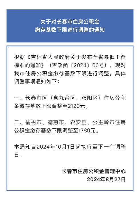 关于对长春市住房公积金缴存基数下限进行调整的通知
