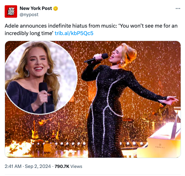 阿黛尔宣布将无限期中断音乐事业：“你们在很长一段时间内看不到我了。”（图片来源 环球网）