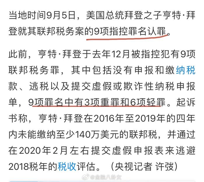 拜登儿子认罪了，9项罪名