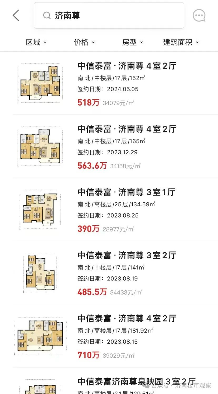 （济南尊二手房挂牌价格截图）