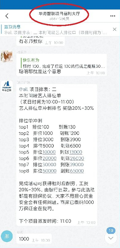             “华海智联项目福利大厅”内显示有5587个成员，多为“数字僵尸”          