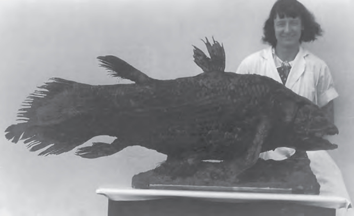 自豪的年轻博物馆员拉蒂迈小姐与她发现的拉蒂迈鱼。图| 东伦敦博物馆供图