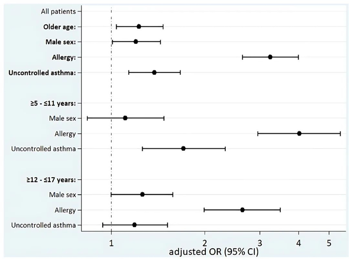 图1 FeNO水平与哮喘临床表现以及过敏反应相关性