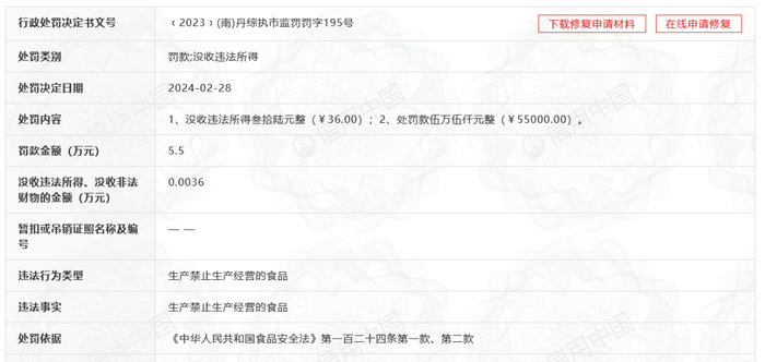 佛山市美诚食品有限公司行政处罚信息，截图来自信用中国