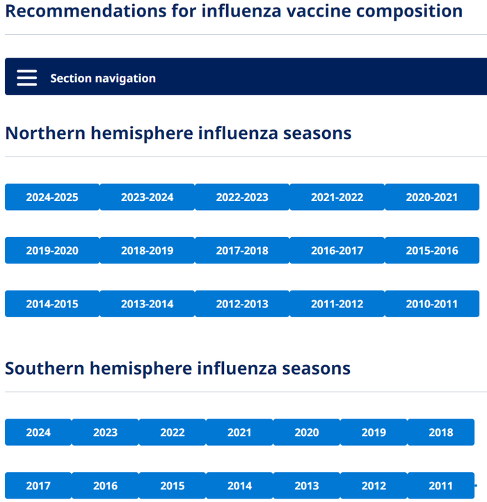 世界卫生组织流感疫苗组分建议页面截图