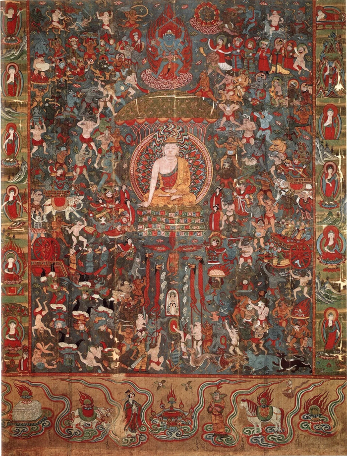 是一幅极具佛教意义的宗教绘画,描绘了释迦牟尼佛成道前,与魔王波旬