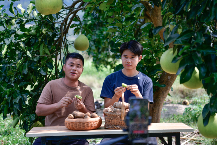 资料图：年轻人在田里直播带货。图/新华社