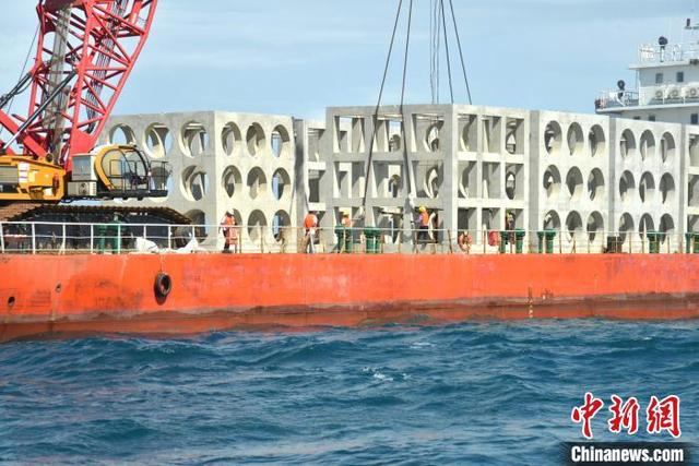 10月15日，在海南三亚西岛附近海域，工人们正在进行人工鱼礁投放作业。张月和 摄