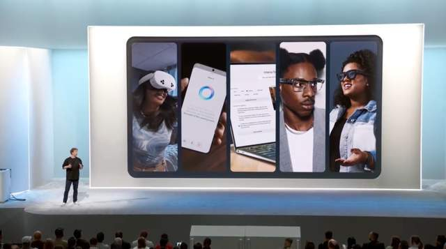 图中提到的产品依次是 Quest 3S，Meta AI，Llama，Ray-Ban Meta，Orion。 图源：Meta