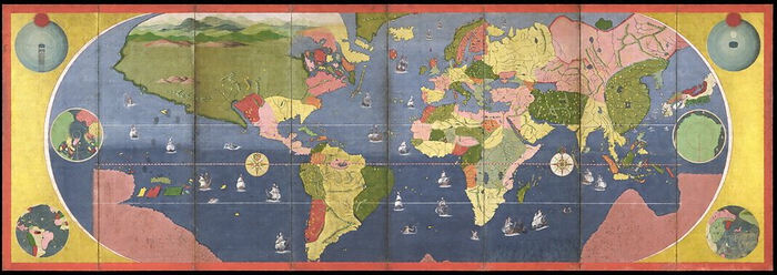 《四都図世界図》是日本制作的、以大西洋为中心的地图屏风，收藏于神户市立博物馆
