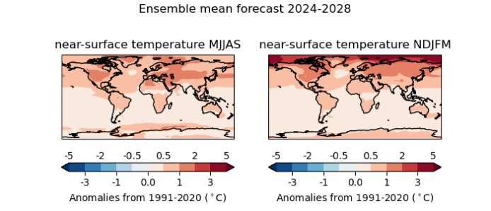 2024-2028年全球温度集合预测结果。图片来源：NOAA