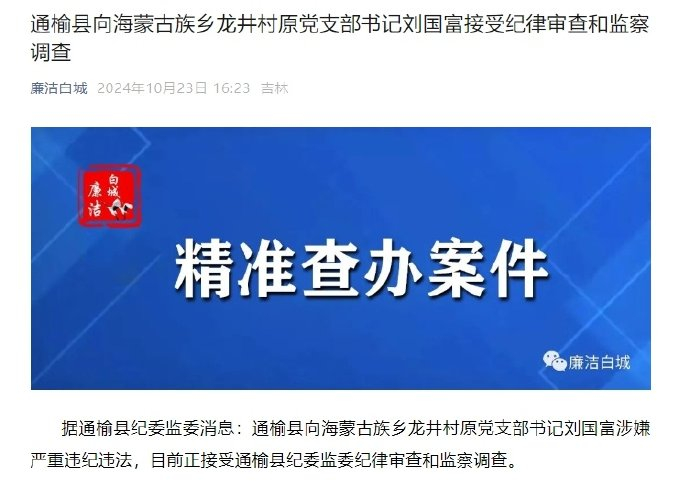 通榆县向海蒙古族乡龙井村原党支部书记刘国富涉嫌严重违纪违法