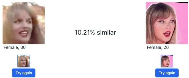 左：网传视频主角面部截图。右：泰勒·斯威夫特相似角度照片。 Faceshape对比二者结果截图。