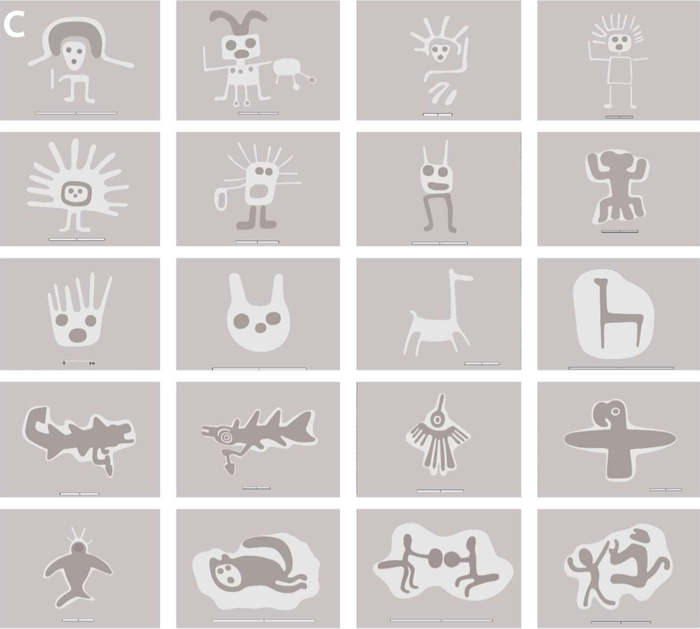 考古学家眼中的浮雕型地画，白色表示将石头移走，黑色表示将石头堆积起来，浅棕色表示原始的地面。（图片来源：原论文）