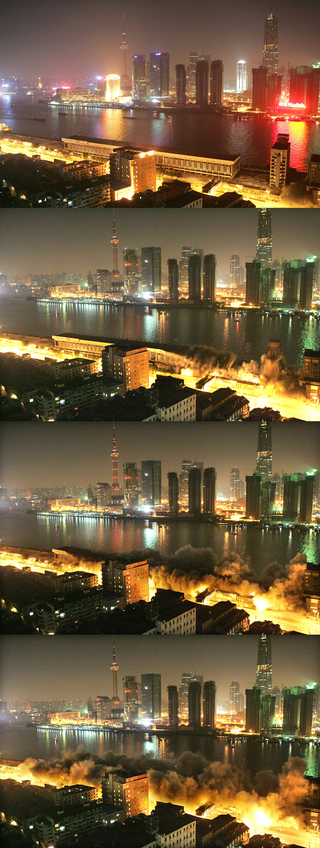 2004年12月3日，随着一阵沉闷的爆破声，140多年的十六铺码头在50秒左右彻底消失了。王杰 摄