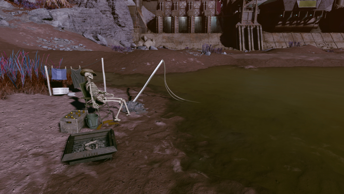 主线大坝边上这个钓鱼佬的骨架，着实让人想起了很多《辐射》中的有趣布置