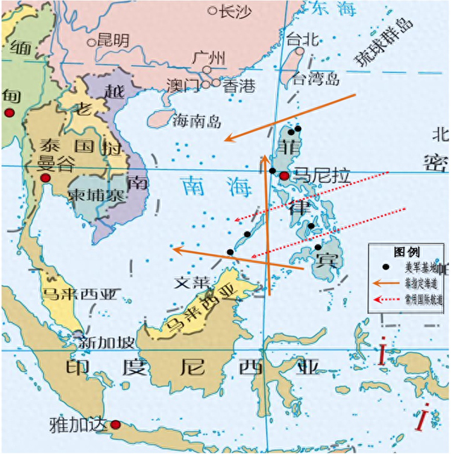 菲方指定了三条菲群岛水域内国际船舶可以通过的航道(实线部分),而两
