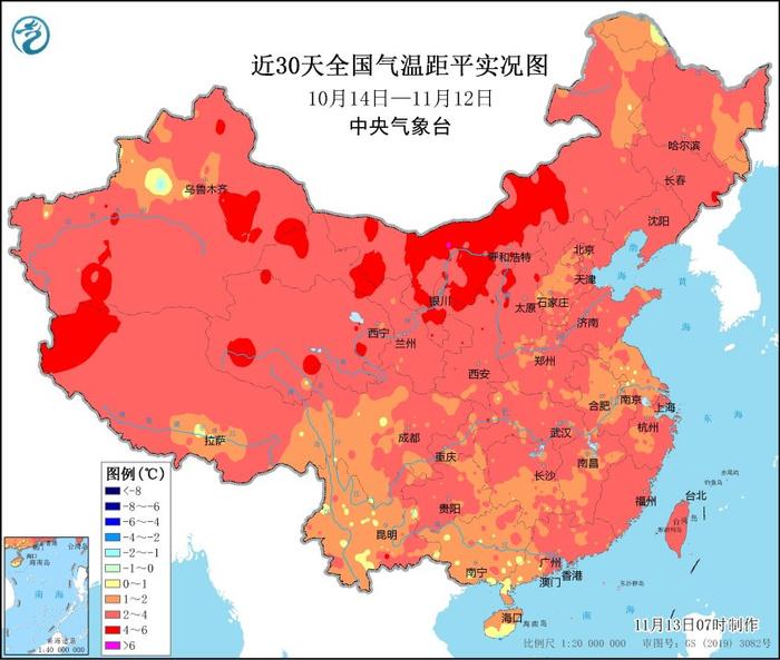 近30天全国气温距平实况图。中央气象台供图