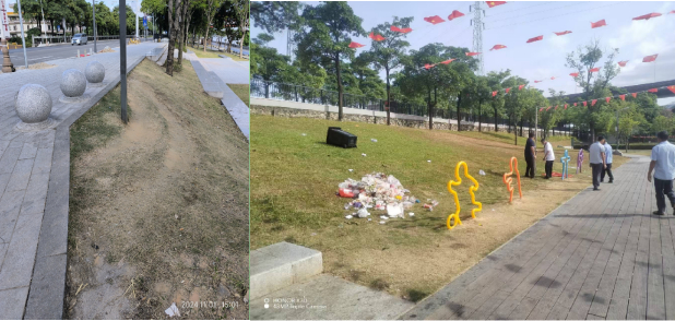 △（左图）公园里的草坪也被摆摊的三轮车碾压得光秃秃的；（右图）公园管养部门工作人员正在帮摆摊的“执手尾”，清理现场