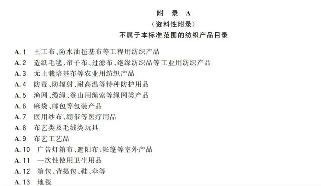附录A“不属于本标准范围的纺织产品目录”。图/《国家纺织产品基本安全技术规范》 