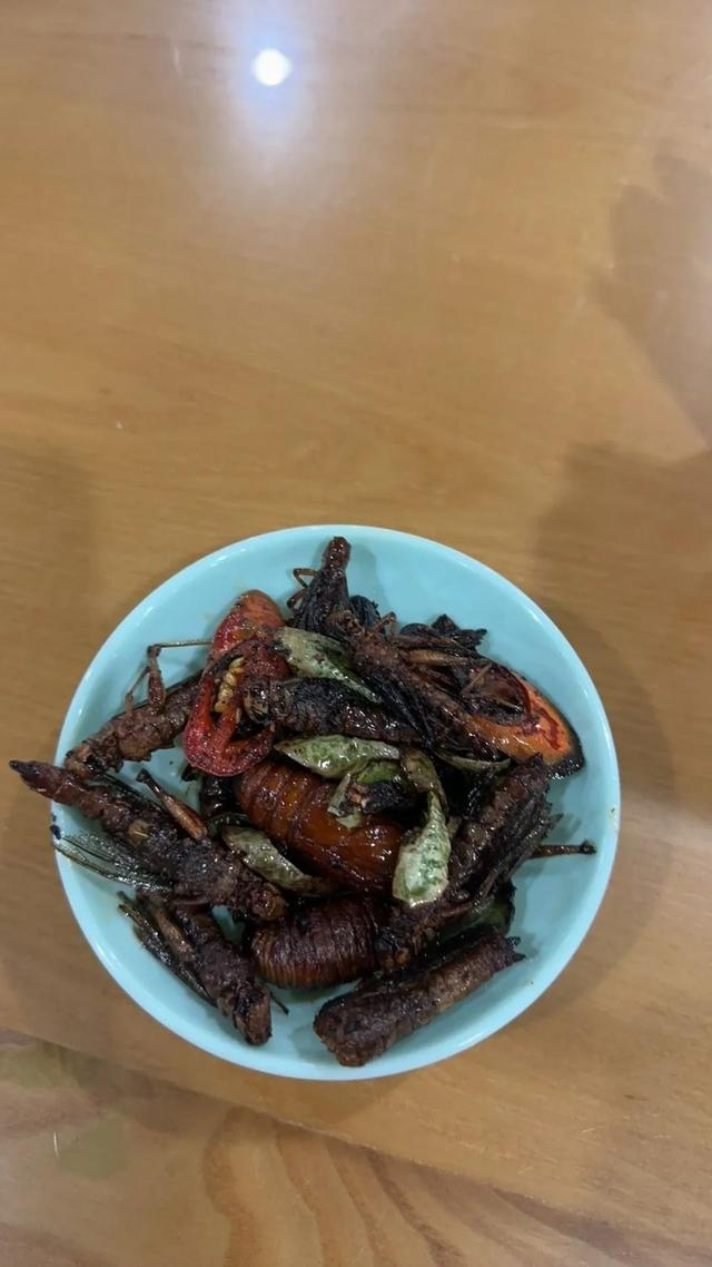 言同学吃的蚂蚱、笋虫、蚕蛹。 言同学供图 