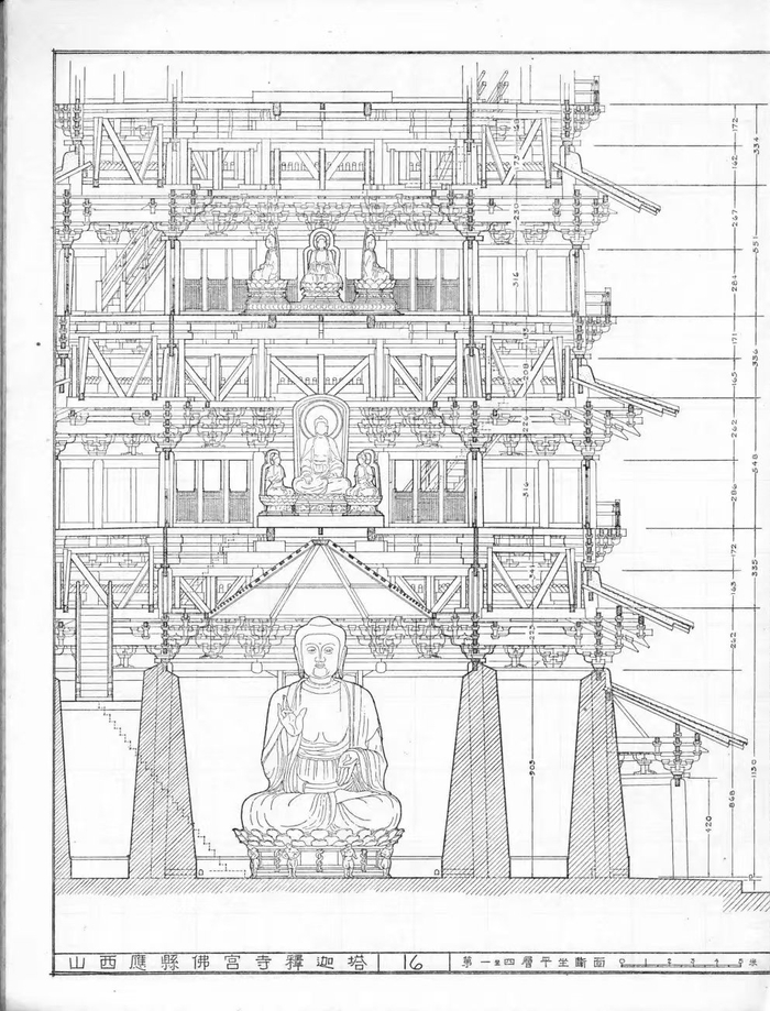 陈明达《应县木塔》书中绘制的第一至第四层平坐断面图。图片来自陈明达《应县木塔》