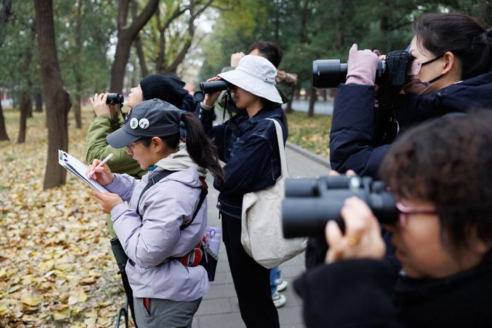 11月24日，天坛公园，何方在带队的同时还进行观测记录，写下当天观测的鸟种和数量。新京报记者 王子诚 摄