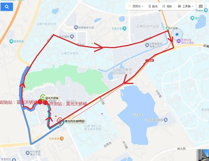 （蓝色为原Z126路线路走向，红色为优化后线路走向）