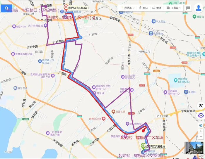 （蓝色为原31路线路走向，紫色为原186路线路走向，红色为优化后线路走向）