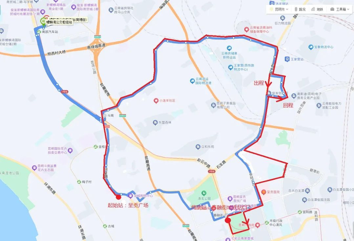 （蓝色为原C4路甲/乙走向，红色为优化整合后C4路线路走线向）