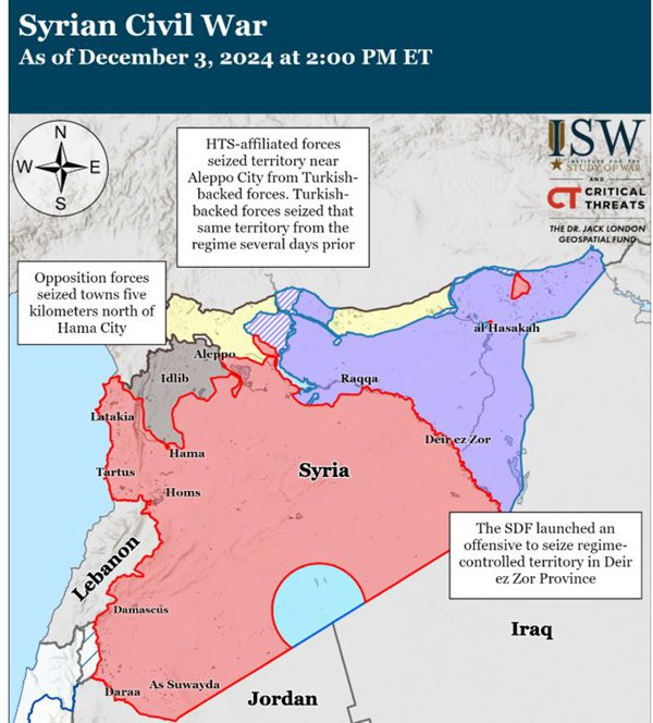 红色为叙利亚政府控制区，紫色为库尔德武装控制区，灰色为反政府武装据点，黄色为土耳其支持武装控制区。图片来源：战争研究所