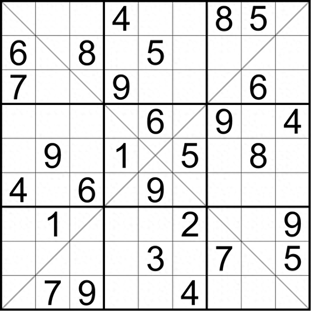 对角线数独:将数字1-9填入空格内,使每行,每列,每宫和两条对角线上的